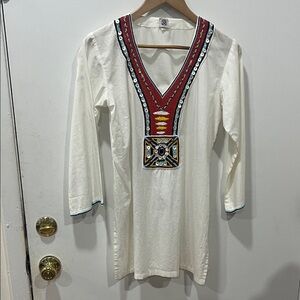 Women's White Embroidered V-Neck Blouse with Red Accents